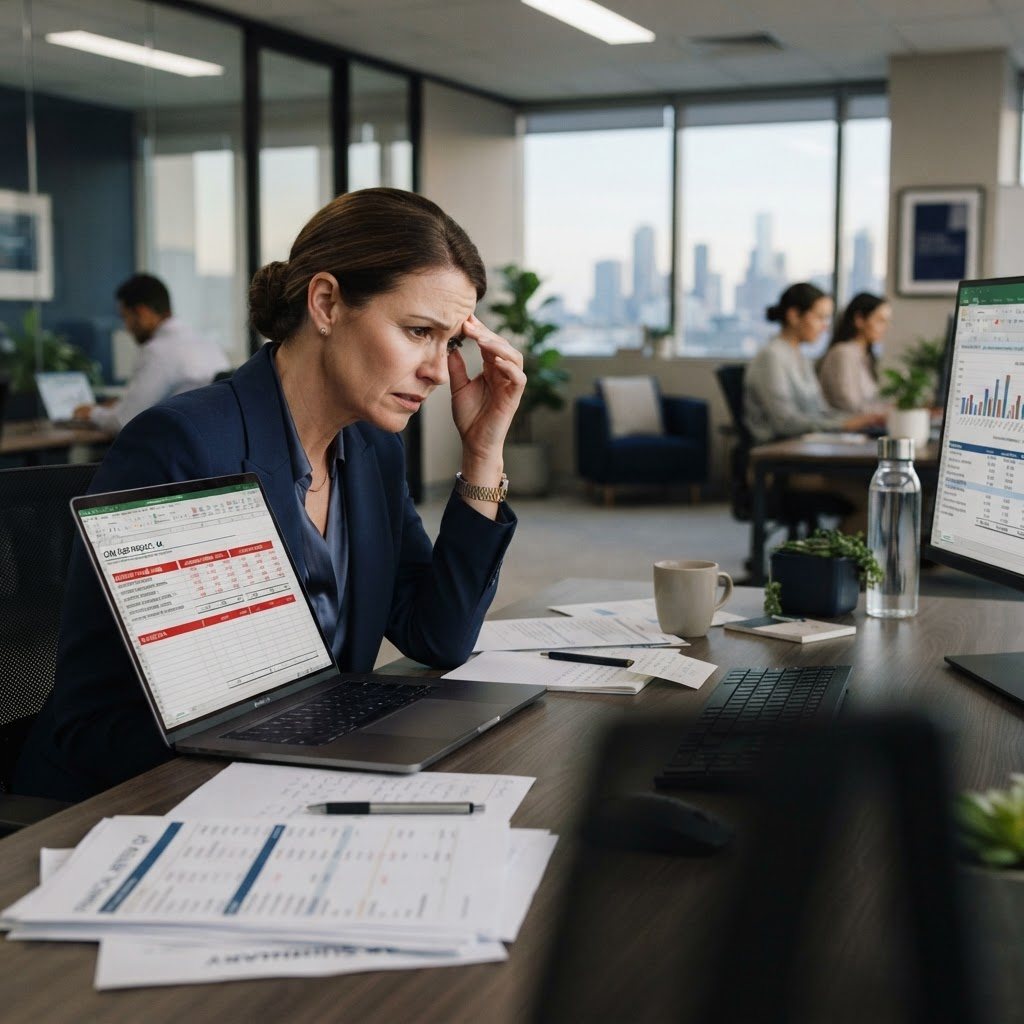 Responsable de finanzas revisando reportes con información financiera desactualizada